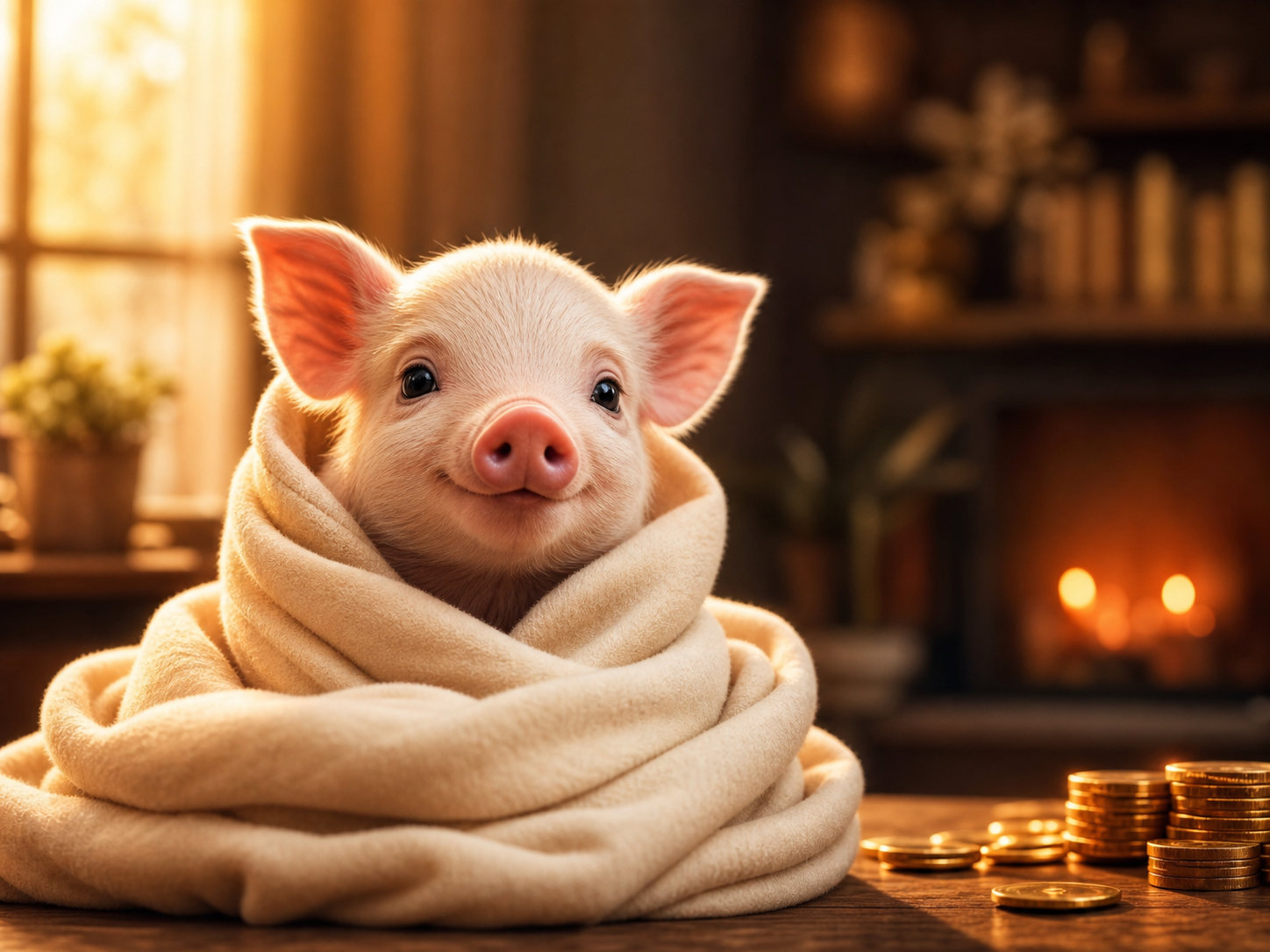 A tiny piglet wrapped in a warm cream blanket