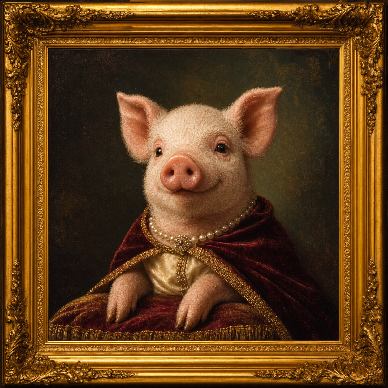A royal piglet portrait in an ornate gold frame